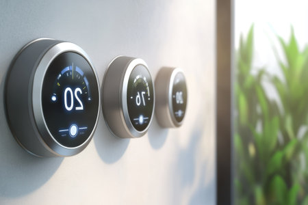 Three smart thermostats display temperature settings on a wall in a bright, contemporary room with plants.の写真素材