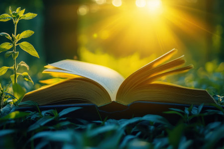 Sunlight filters through trees, casting a warm glow on an open book resting in vibrant green foliage.の写真素材