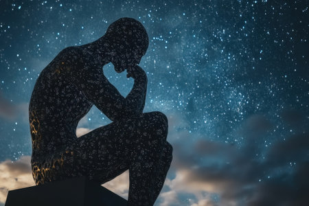 A silhouetted figure sits in deep thought beneath a blanket of stars, reflecting a serene night atmosphere.の写真素材