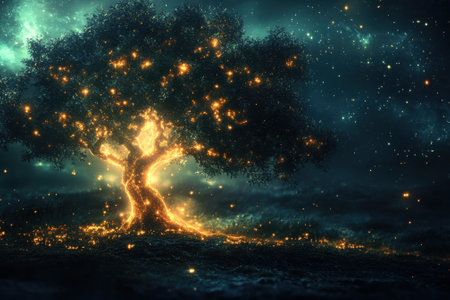 A tree radiates a warm glow in a tranquil setting, surrounded by twinkling stars and a dark sky.の写真素材
