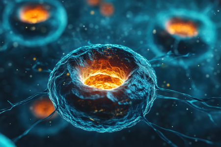 A vibrant depiction of cells emitting light, illustrating intense biological processes within.の写真素材