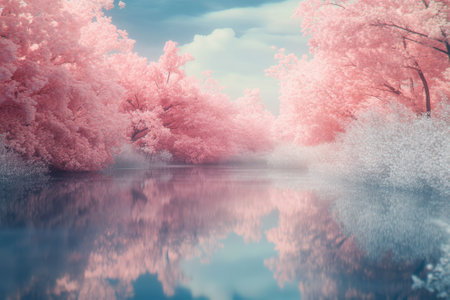 A tranquil setting features pink trees lining a river, their reflections visible on the still, clear water.の写真素材