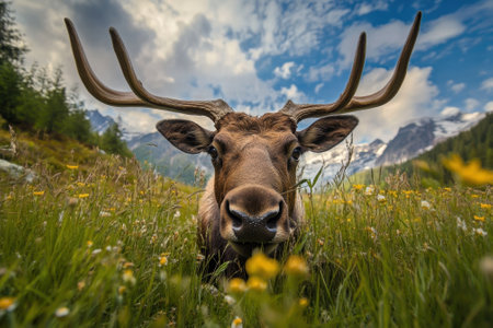 A curious deer with antlers stands among colorful wildflowers in a serene alpine meadow, under a clear sky.の写真素材