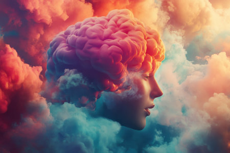 A human head merges with vibrant clouds during twilight, symbolizing creativity and imagination.の写真素材