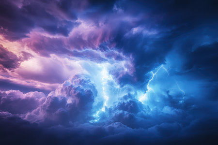 Thunderous clouds swirl as vibrant lightning strikes, creating a mesmerizing display at dusk.の写真素材