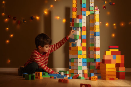 A young boy constructs a tall structure with multicolored blocks, surrounded by warm fairy lights.の写真素材