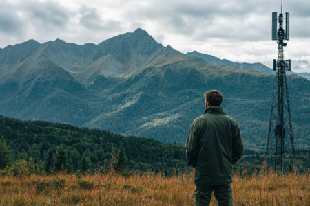 A man stands quietly, admiring the breathtaking mountains and lush greenery, with a communication tower nearby.の写真素材
