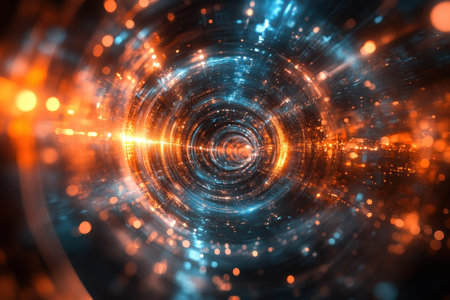 Bright blue and orange lights swirl together creating an abstract cosmic vortex effect.の写真素材