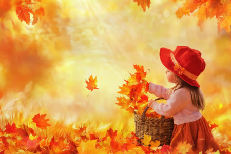 A child wearing a red hat collects colorful autumn leaves in a sunlit forest filled with golden foliage.の写真素材