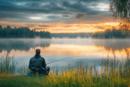 A person sits peacefully by a lake, fishing as the sun rises, casting vibrant reflections on the water.の写真素材