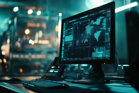 A modern computer setup shows a vibrant screen filled with analytics and a map visualization.の写真素材