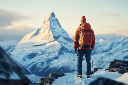 A lone hiker in an orange jacket admires the Matterhorn surrounded by snowy landscapes at sunset.の写真素材