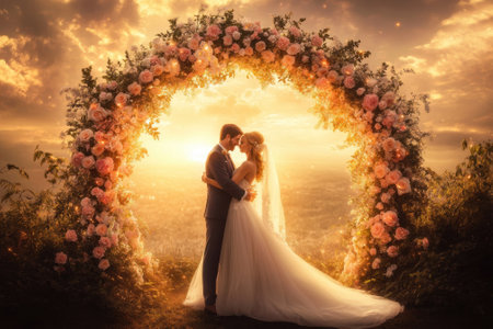 A couple stands together beneath a stunning floral arch, sharing a heartfelt moment at sunset on their wedding day.の写真素材