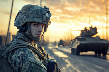A soldier in camouflage stands vigilant as military tanks maneuver through a war-torn area at dusk.の素材
