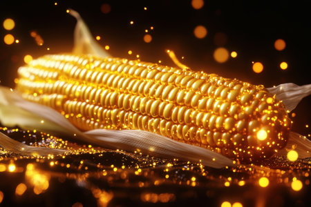 A vibrant golden corn cob rests elegantly on white husks, illuminated by shimmering light particles.の写真素材