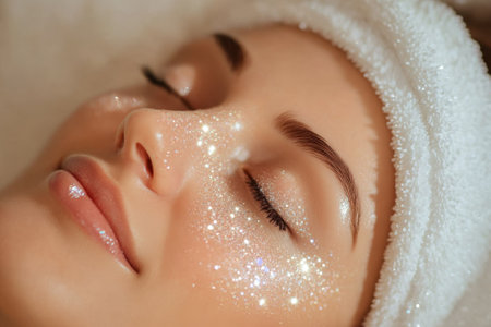 A woman relaxes while enjoying a facial treatment that features shimmering highlights, creating a peaceful atmosphere.の写真素材
