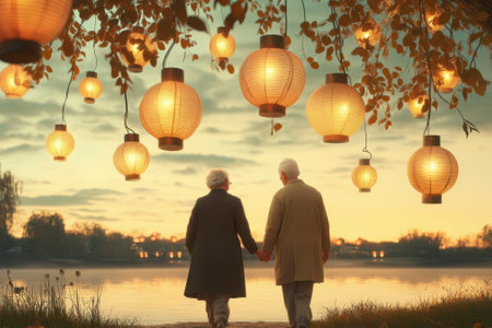 A serene moment as an elderly couple strolls together, holding hands beneath glowing lanterns by the lake at sunset.の写真素材