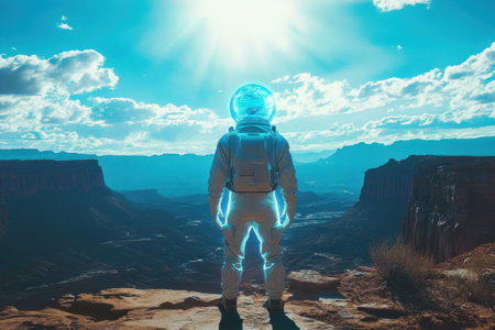 A person in a spacesuit gazes at a stunning canyon landscape under bright sunlight and blue skies.の写真素材