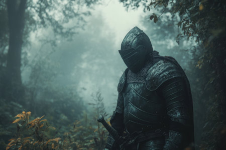 A lone knight in dark armor stands quietly among trees in a foggy forest at dawn, holding a sword.の写真素材