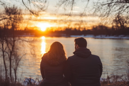 Two individuals sit closely together, admiring the stunning sunset reflected on the lake, surrounded by nature.の写真素材