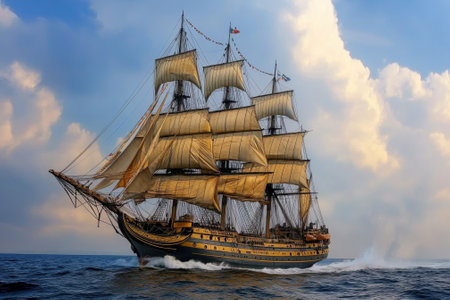 A majestic tall ship glides through calm waters, its sails billowing under a bright afternoon sky.の写真素材