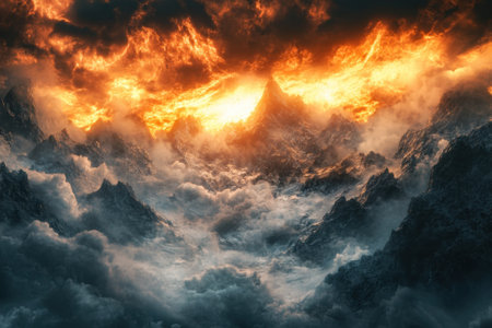 A breathtaking landscape shows fiery orange light spilling over jagged mountain peaks wrapped in dark clouds at sunset.の写真素材