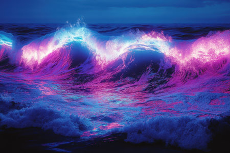 Colors of pink and blue highlight powerful waves crashing at the shore during early evening at the beach.の写真素材