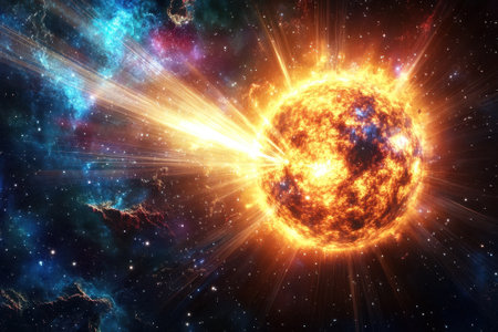A brilliant solar flare bursts from the sun, illuminating the vast expanse of space with vibrant colors.の写真素材