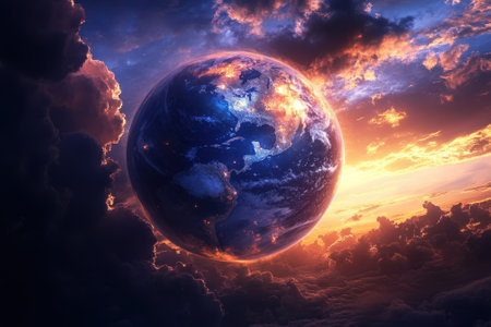 Earth is illuminated by a colorful sunset, surrounded by dramatic clouds in a cosmic setting.の写真素材