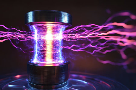 A vibrant display of electric arcs surrounds a metallic core during a scientific experiment in a laboratory.の写真素材