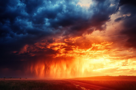 A striking sunset displays vibrant colors as rain falls in the distance beneath dark storm clouds.の写真素材
