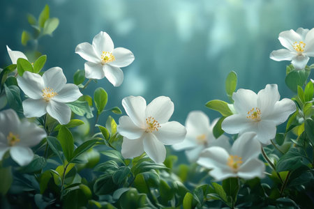 A cluster of delicate white flowers blossoms amid lush green leaves in a tranquil garden atmosphere.の写真素材