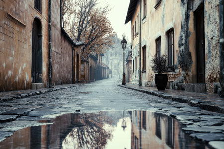 A serene cobblestone street with autumn foliage and a tranquil reflection, inviting exploration on a foggy morning.の写真素材