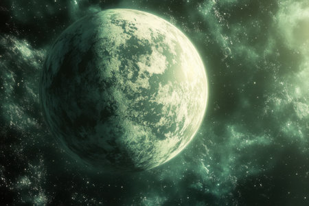 A large, textured planet floats in the vastness of space, illuminated by surrounding cosmic clouds and starlight.の写真素材