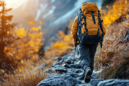 A person with a backpack climbs a rocky path surrounded by colorful autumn leaves in the mountains.の写真素材