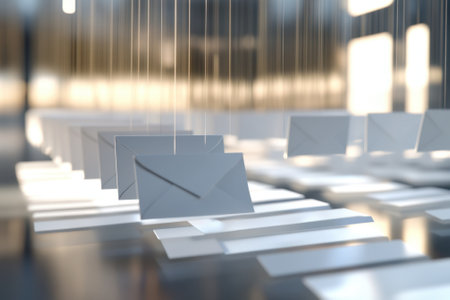 Envelopes are gracefully hanging from above, creating an artistic display in a well-lit, modern environment.の写真素材