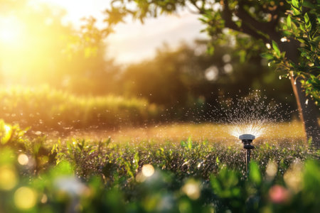 Water sprays from a sprinkler, nourishing lush plants as the sun sets, creating a warm, golden light.の写真素材