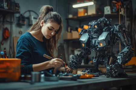 A young woman meticulously repairs a robot while surrounded by tools and workshop materials at dusk.の写真素材
