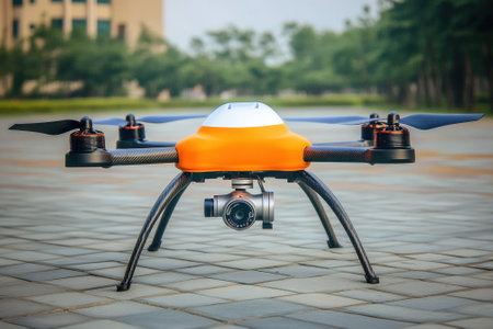 A bright orange drone with a camera sits on a paved park surface, ready for takeoff and exploration.の写真素材