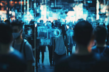 Crowds move through a vibrant cityscape, surrounded by glowing digital displays in the evening light.の写真素材