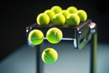 Green tennis balls bouncing on a machine showcase motion in a dimly lit environment.の写真素材