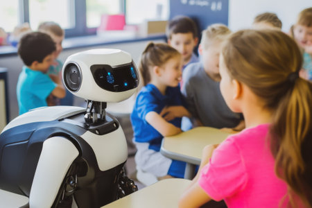 A robotic assistant interacts with a group of children in a bright classroom, fostering engagement and learning.の写真素材