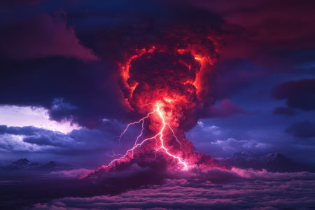 A powerful volcanic eruption releases ash and rocks, accompanied by striking lightning under a moody sky.の写真素材
