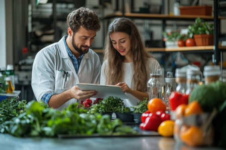 A man and woman analyze information together on a tablet amidst a variety of fresh produce plants.の写真素材