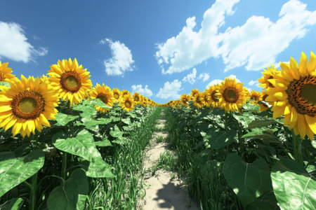 Bright sunflowers stretch towards the sky in a vibrant field, creating a scenic summer landscape with clouds.の写真素材