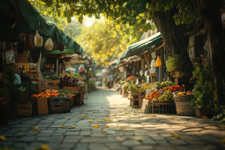 Stalls filled with colorful fruits and vegetables line the path in a lively market during golden hour.の写真素材