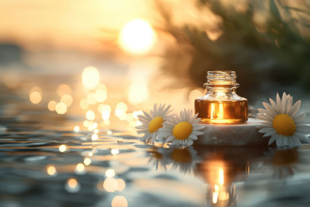 A glass bottle of essential oil rests on a stone near calm water, surrounded by daisies during sunset.の写真素材