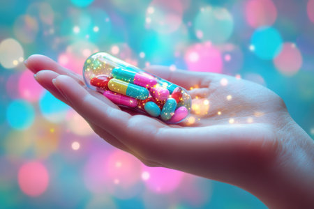 A hand holds a clear capsule filled with colorful pills against a soft, sparkly background.の写真素材