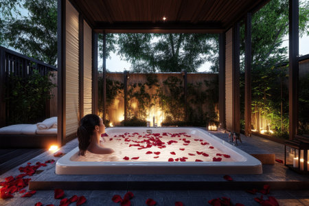 A woman enjoys a serene soak in a hot tub surrounded by rose petals and softly glowing candles.の写真素材