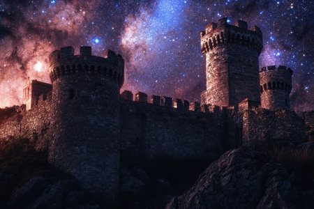 A grand castle stands tall against a backdrop of shimmering stars and colorful galaxies at night.の写真素材